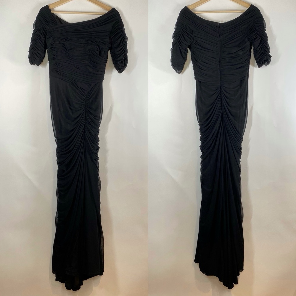 Tadashi Shoji Women's Asymmetric Ruched Mesh Gown Long Dress Small Black Formal